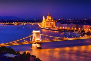 Budapest skyline at night bridges and town centre capital of Hungary east Europe
